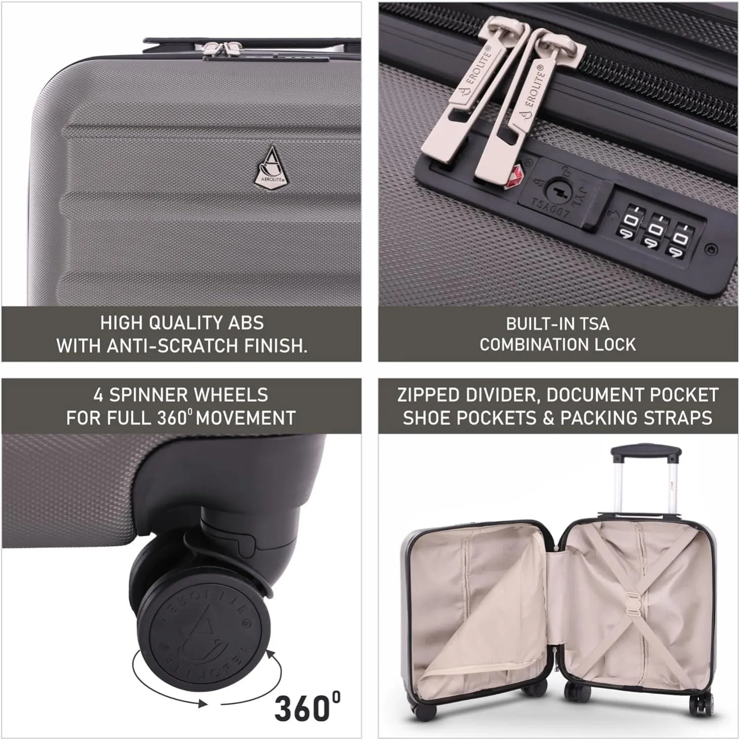 Aerolite 45x36x20cm Easyjet Maximum Cabin Size Carry On Suitcase With 8 Ultra Smooth Wheels, TSA Lock, Eco-Friendly Interior, SBS Zippers, 5 Years Warranty