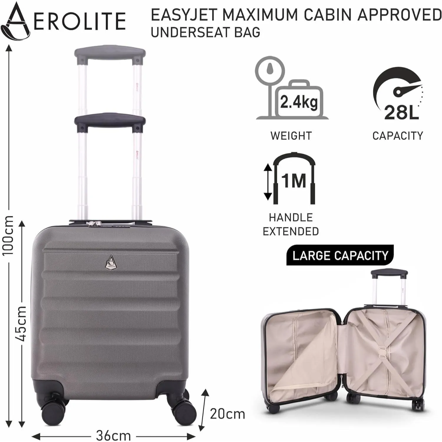 Aerolite 45x36x20cm Easyjet Maximum Cabin Size Carry On Suitcase With 8 Ultra Smooth Wheels, TSA Lock, Eco-Friendly Interior, SBS Zippers, 5 Years Warranty