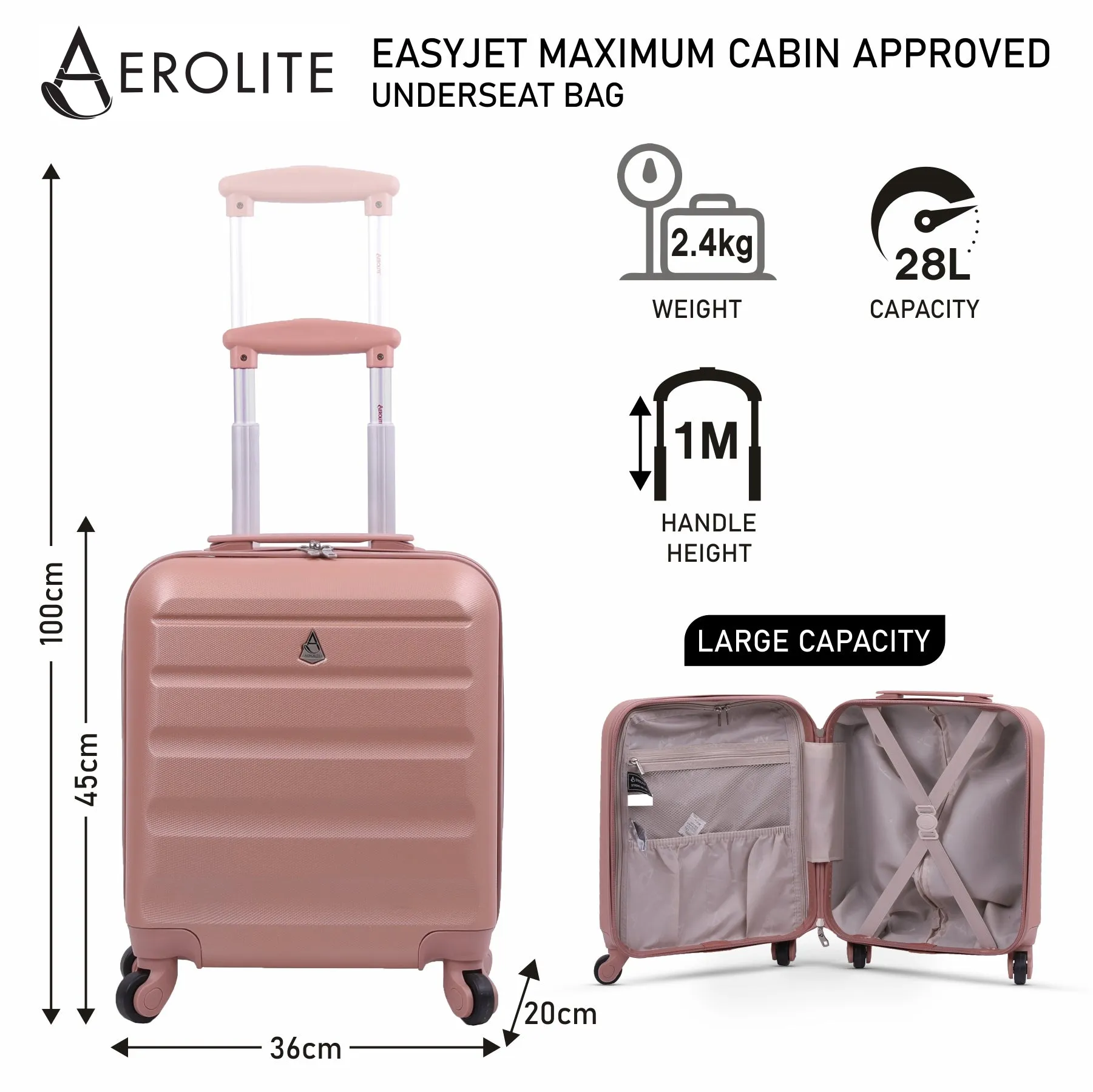 Aerolite 45x36x20cm Easyjet Maximum Cabin Size Carry On Suitcase With 8 Ultra Smooth Wheels, TSA Lock, Eco-Friendly Interior, SBS Zippers, 5 Years Warranty