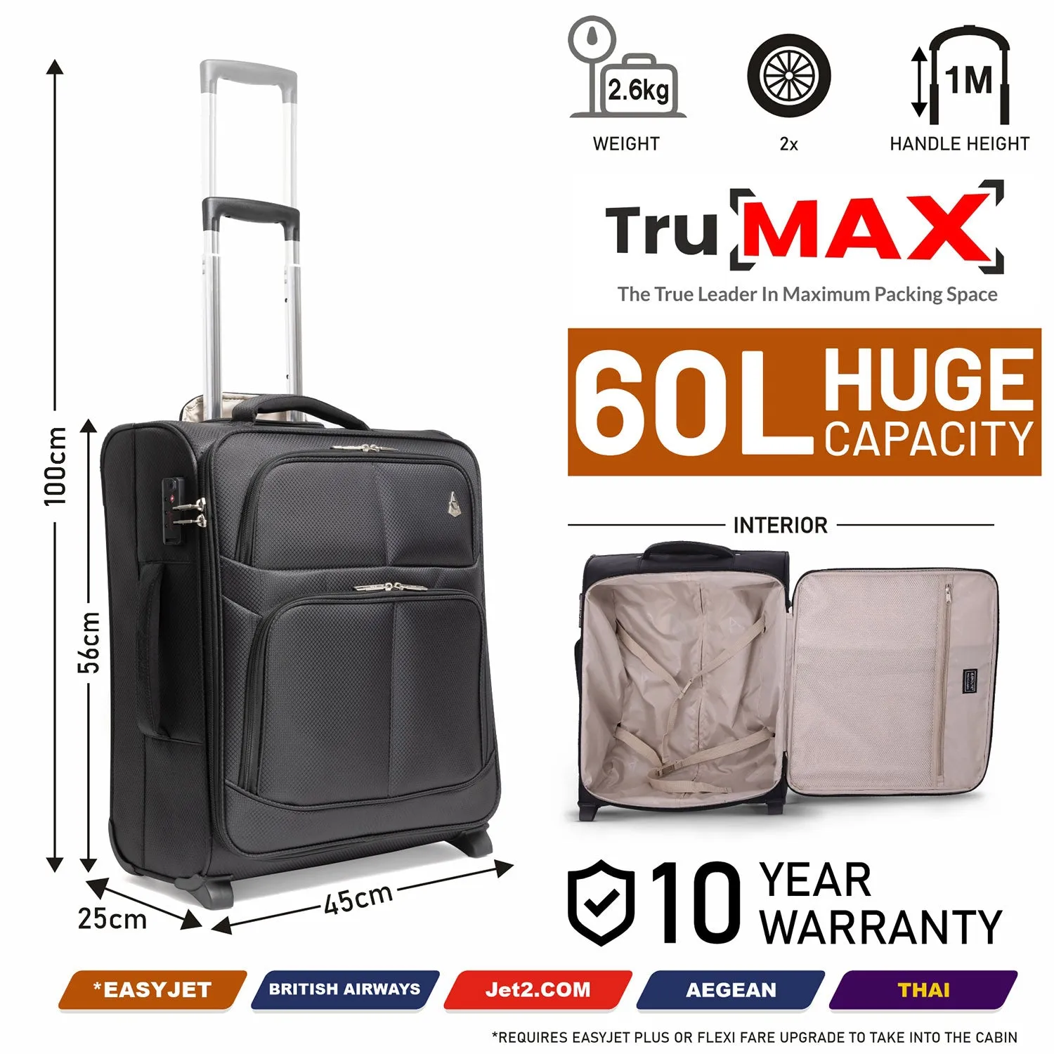 Aerolite 56x45x25cm Easyjet Large Cabin, British Airways Jet2 Maximum Allowance Lightweight 2 Wheel Carry On Hand Cabin Luggage Bag Suitcase 56x45x25 with TSA Approved Lock Black