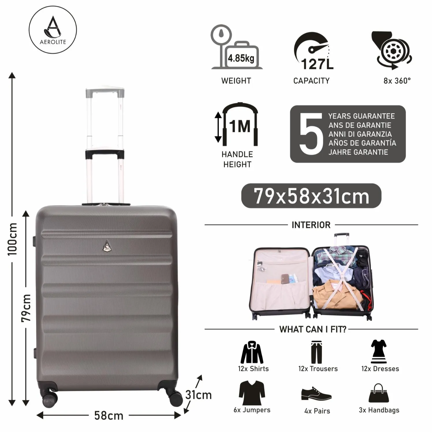 Aerolite Lightweight Hard Shell Suitcase Luggage Set with 8 Spinner Wheels (Cabin, Medium & Large)