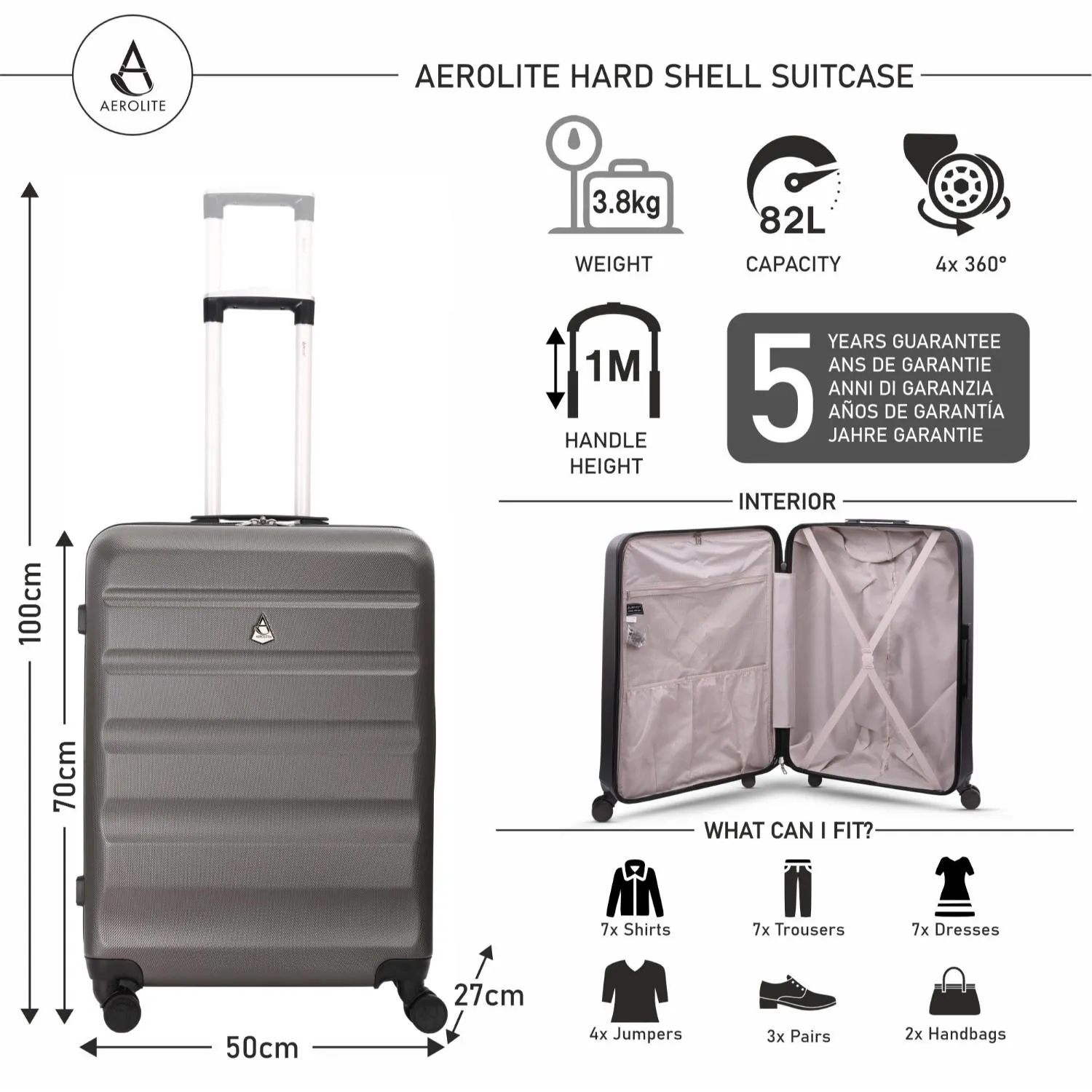 Aerolite Lightweight Hard Shell Suitcase Luggage Set with 8 Spinner Wheels (Cabin, Medium & Large)