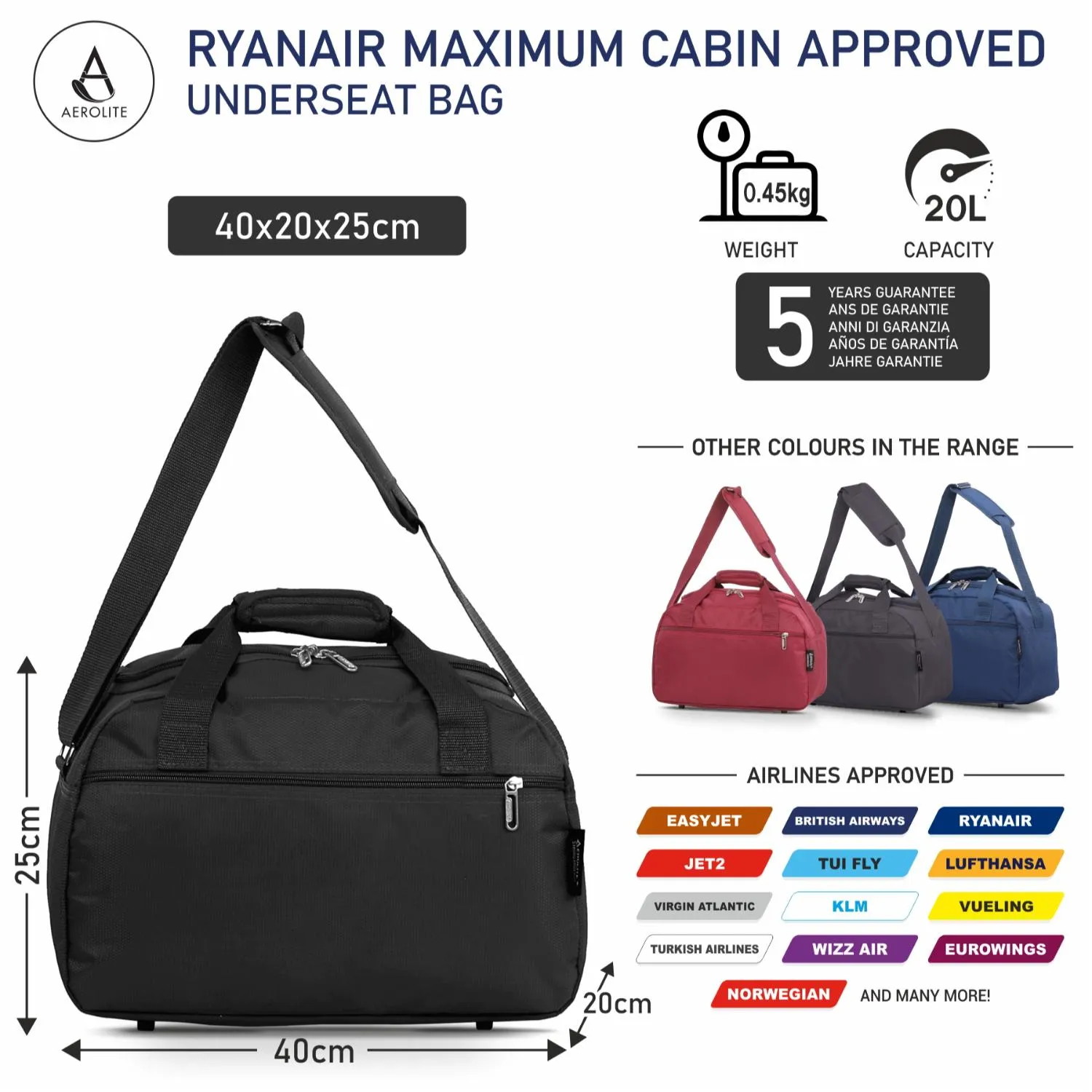 Aerolite Ryanair Maximum Holdall Cabin Underseat Bag (40x20x25cm) with Digital Luggage Scale, and TSA Approved Three Dial Combination Lock